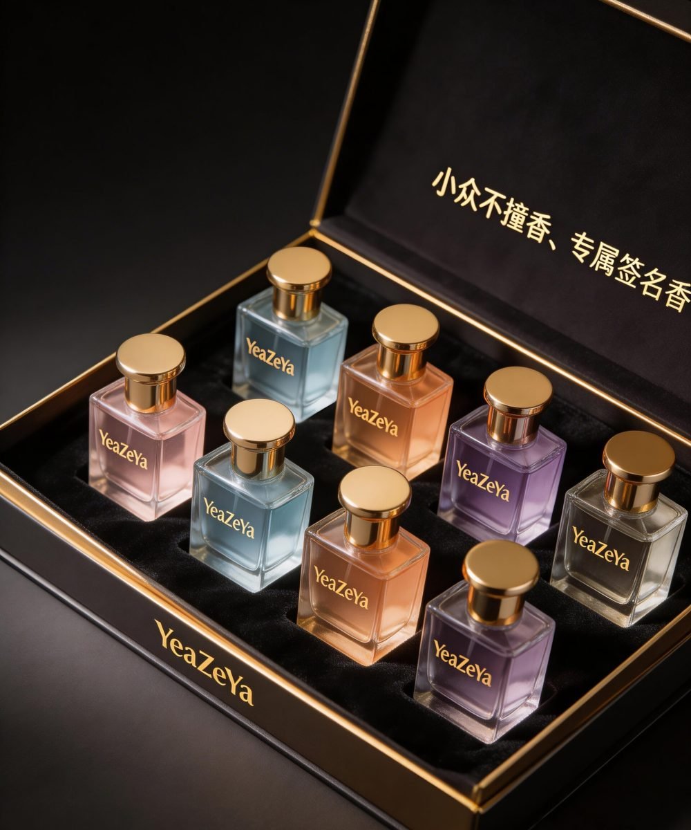 jimeng-2026-03-26-6065-画面：YeaZeYa 风格的全系列香水瓶整齐排列，搭配烫金礼盒与丝绒内衬，深炭黑...