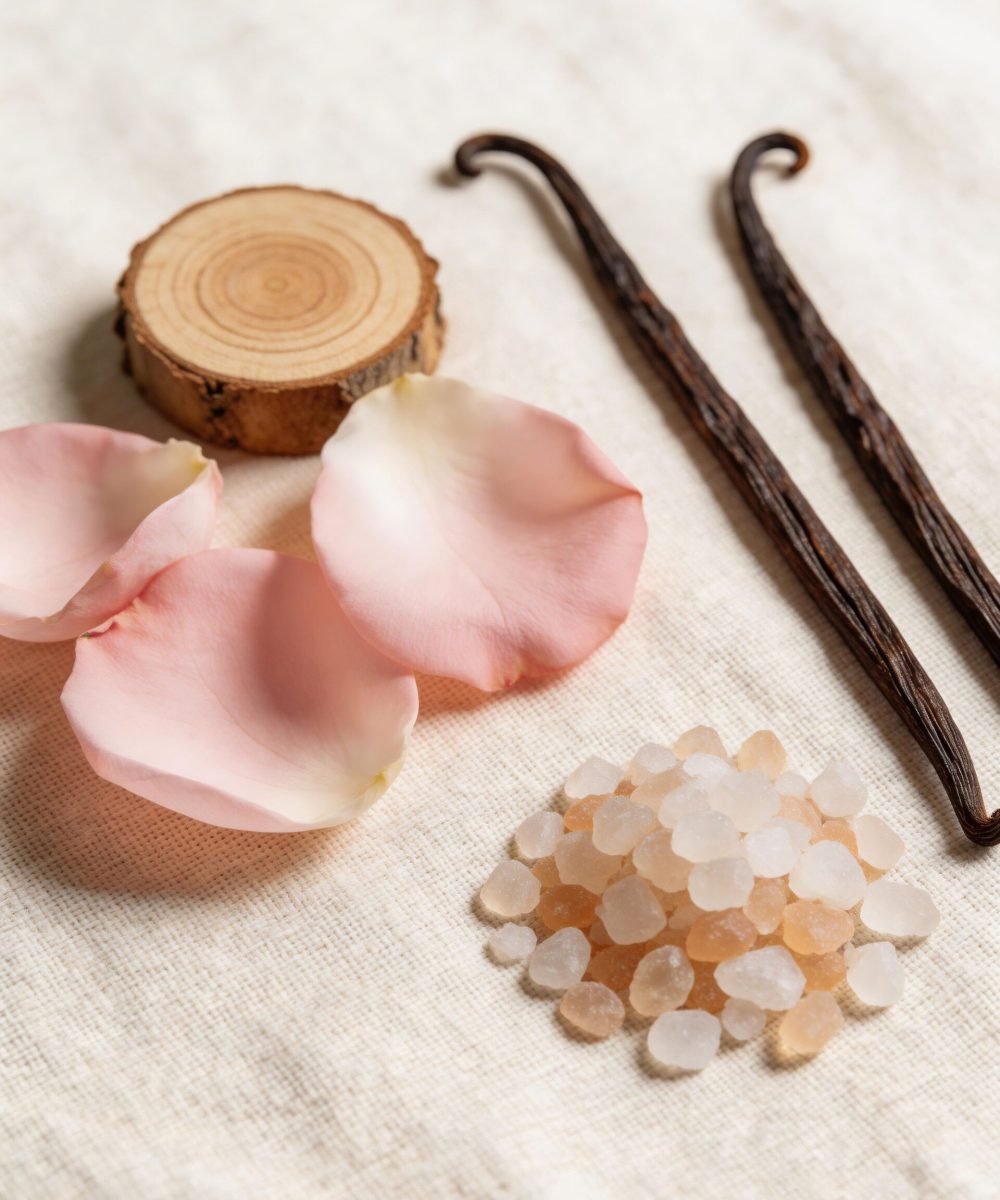 jimeng-2026-03-26-9271-画面：大马士革玫瑰花瓣、雪松原木、香草荚、海盐晶体的微距特写，铺在米白亚麻布上，...